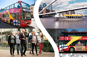 A collage of four images showcasing Helsinki sightseeing with the Helsinki Card. The top left features a red Hop-On Hop-Off double-decker bus operating in the summer. The top right displays a Stromma sightseeing boat on the water. The bottom left shows a 