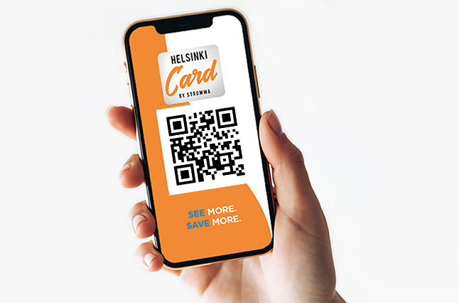 A hand holding a smart phone with Helsinki Card logo and QR-code on the screen